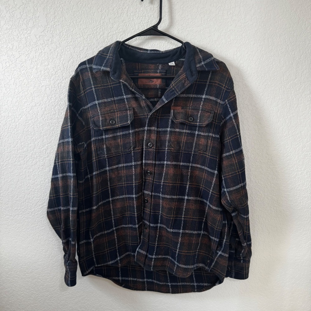 Orvis Mens Plaid Fleece Lined Flannel Shirt Jacket‎ Navy Brown 100% Cotton M